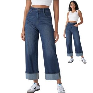 HALARA Stretch Denim High Waist Cuffed Wide Leg Ankle Jeans Med Wash Size M NWOT